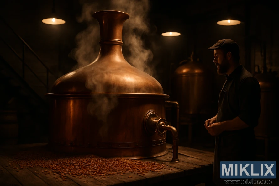 Kobberbryggekjele dampende i dunkelt bryggeri med spredte bleke sjokolademaltkorn.