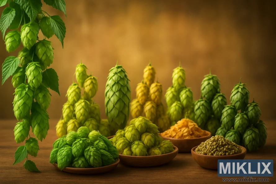 Canlı yaşıllıqlarda və qızılı çalarlarda hop konuslarının nümayişi, qablarda və klasterlərdə düzülüb, ön planda kaskad qablar və pivə zavodunu xatırladan isti, qızılı fon. Canlı yaşıllıqlarda və qızılı çalarlarda hop konuslarının nümayişi, qablarda və klasterlərdə düzülüb, ön planda kaskad qablar və pivə zavodunu xatırladan isti, qızılı fon.