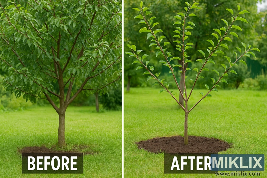 Before-and-after photo collage of a plum tree showing overgrown vs pruned forms. Before-and-after photo collage of a plum tree showing overgrown vs pruned forms.