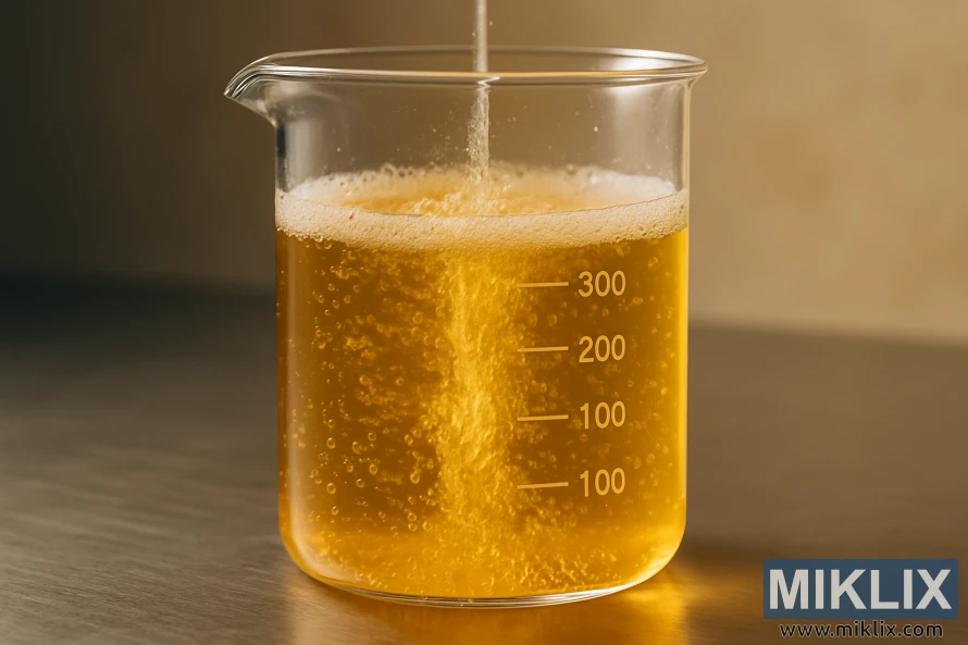 Nærbilde av et glassbeger med gyllen væske og stigende bobler på en overflate av rustfritt stål. Nærbilde av et glassbeger med gyllen væske og stigende bobler på en overflate av rustfritt stål.