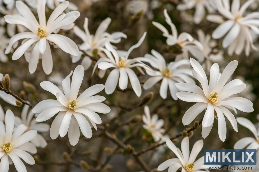 Close-up of white star-shaped Magnolia stellata flowers blooming on dark branches in early spring.