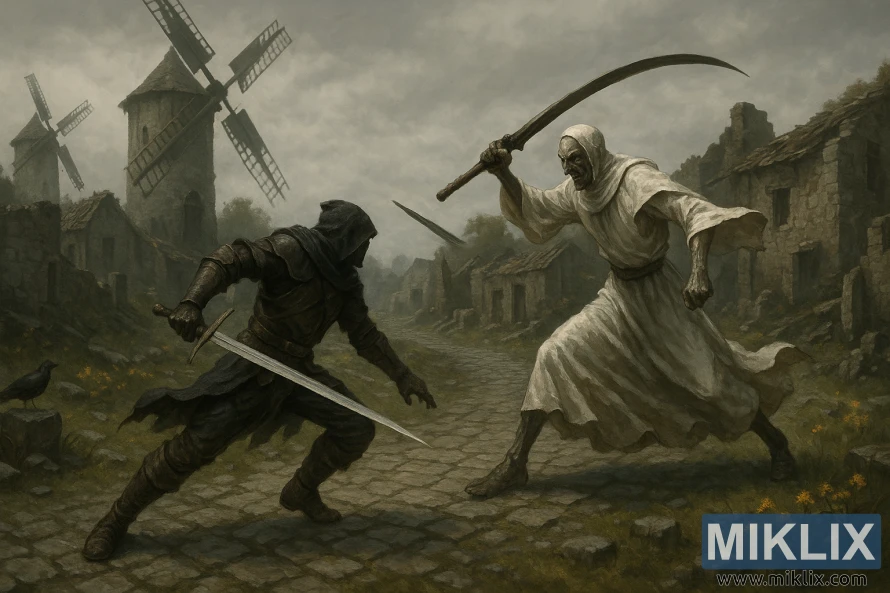 Landscape Elden Ring fan art showing the Tarnished in Black Knife armor attacking with a straight sword while a tall Godskin Apostle swings the Godskin Peeler in Dominula Windmill Village.