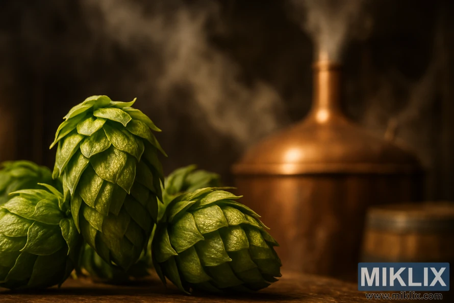 Nærbilde av Mosaic humlekegler med damp som stiger opp fra kobberbryggekjele i bakgrunnen. Nærbilde av Mosaic humlekegler med damp som stiger opp fra kobberbryggekjele i bakgrunnen.