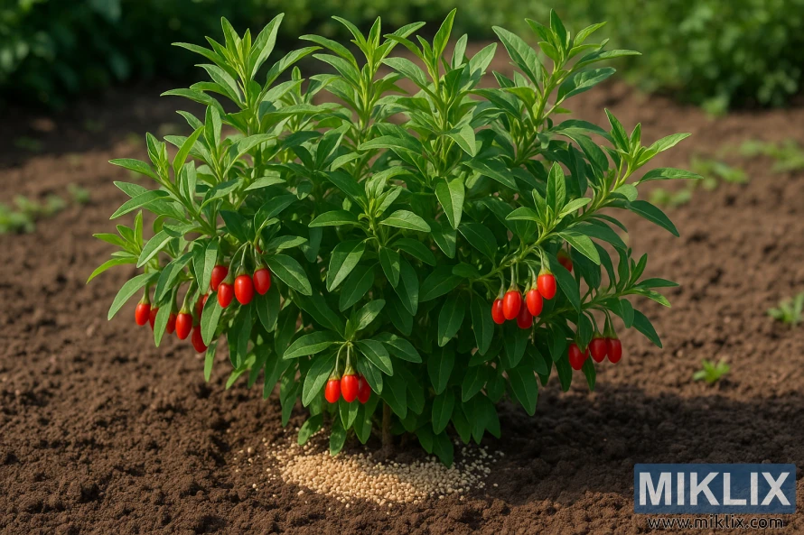 A vibrant goji berry plant with lush green leaves and bright red berries growing in fertile soil, surrounded by granulated fertilizer.