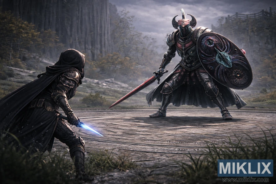 Anime-style Elden Ring fan art showing the Tarnished from behind facing a towering Crucible Knight in the Stormhill Evergaol with a wide view of the arena and misty background. Anime-style Elden Ring fan art showing the Tarnished from behind facing a towering Crucible Knight in the Stormhill Evergaol with a wide view of the arena and misty background.