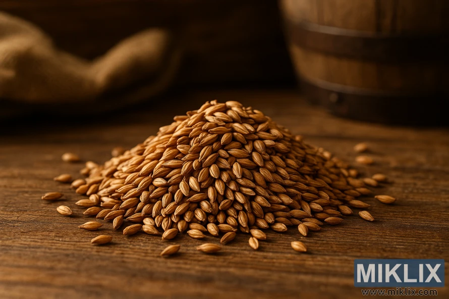 Krupni plan male hrpe zrna bečkog slada na rustikalnom drvenom stolu u okruženju domaćeg pivarstva.