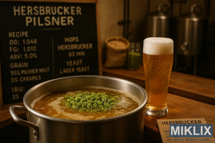 Golden wort bubbling in a brew kettle with Hersbrucker hops, pilsner glass and brewing setup in warm lighting