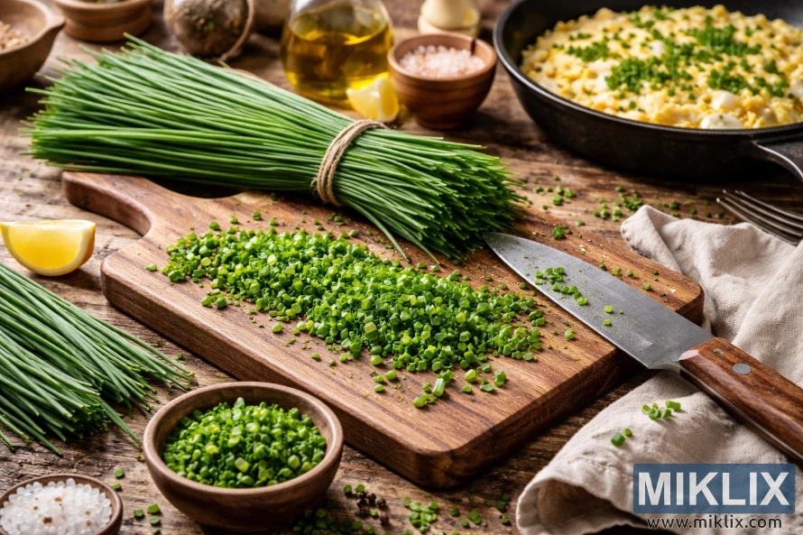 Freshly harvested chives chopped on a wooden cutting board with kitchen ingredients and scrambled eggs in the background