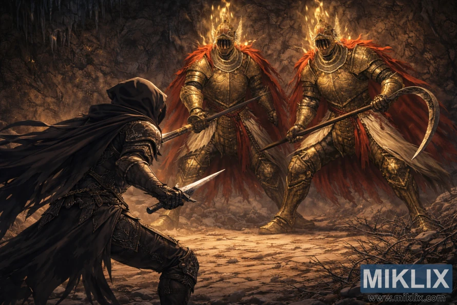 Anime-stil fan art koji prikazuje Tarnished s leđa u Black Knife oklop suočava dva jednako visoka Cleanrot vitezova sa kopljem i srpom unutar napuštene pećine iz Elden Ring.