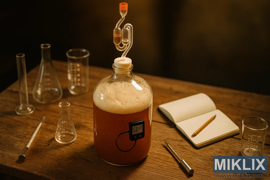 High-angle photo of a fermentation vessel on a wooden table surrounded by glassware and a notebook under warm lighting. High-angle photo of a fermentation vessel on a wooden table surrounded by glassware and a notebook under warm lighting.