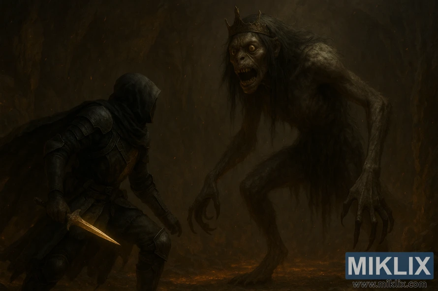 A realistic dark-fantasy scene of the Tarnished facing the towering Demi-Human Queen Margot inside a lava-lit cave.