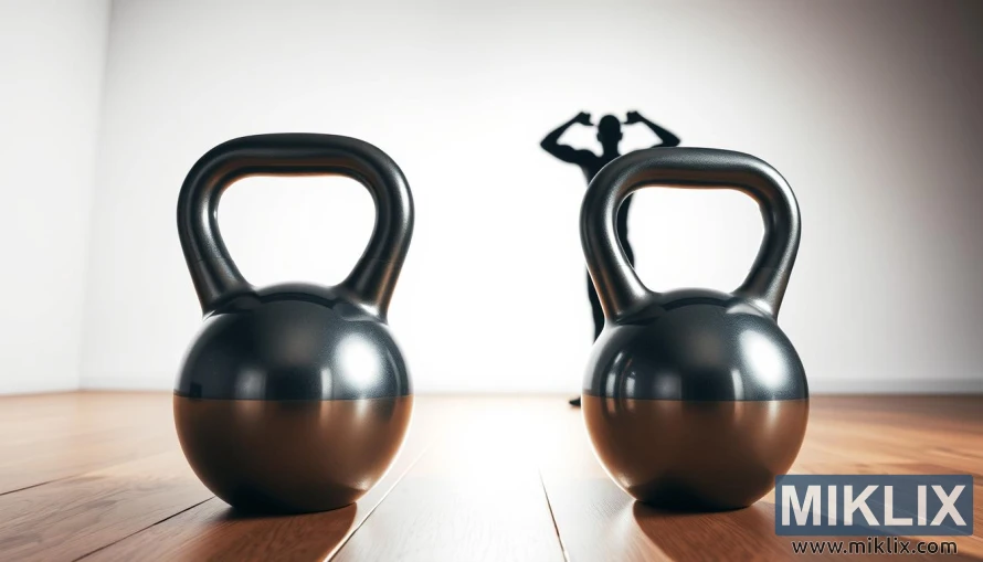 Des kettlebells en acier sur un plancher de bois avec une silhouette posée prête à s’entraîner. Des kettlebells en acier sur un plancher de bois avec une silhouette posée prête à s’entraîner.