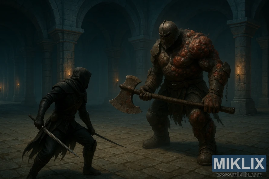 סצנת פנטזיה אפלה של לוחם סכין שחורה מול לוחם דו-קרב של שומר קברים רקוב, המחזיק גרזן דו-ידי ענק בתוך אולם אבן עצום.