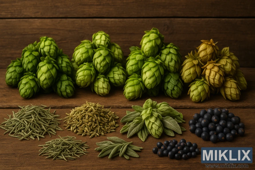 Stilleben av humleerstatninger med tørkede urter, krydder og humlekegler arrangert på et rustikk trebakteppe under varm belysning.