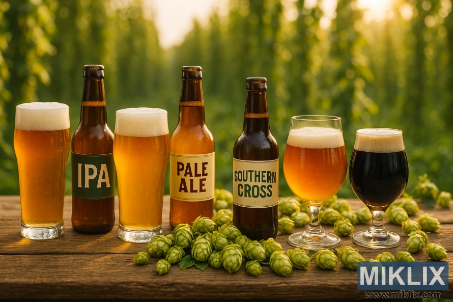 ఎండలో వెలిగే హాప్ మైదానంలో, చెక్క బల్లపై తాజా హాప్‌లతో కూడిన IPA, పేల్ ఆలే, సదరన్ క్రాస్ మరియు స్టౌట్ బీర్ల లైనప్.