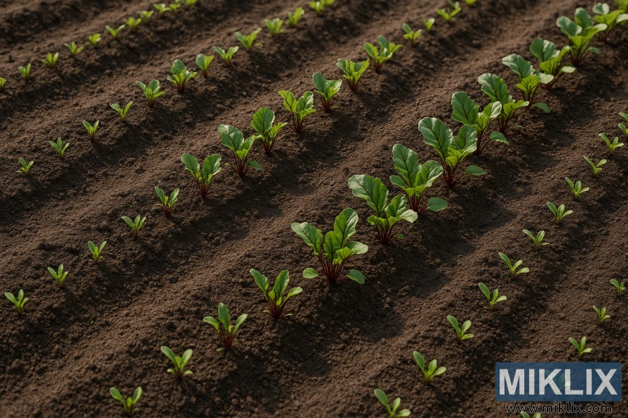 Пейзажне фото організованих рядів розсади буряка, що росте на різних стадіях у темному, обробленому ґрунті. Пейзажне фото організованих рядів розсади буряка, що росте на різних стадіях у темному, обробленому ґрунті.