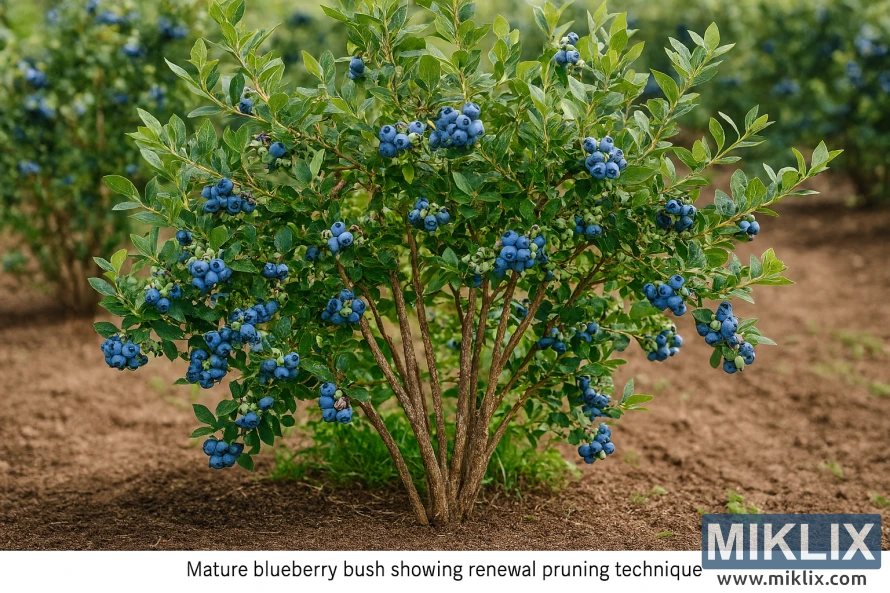 Mature blueberry bush in a garden with visible renewal pruning cuts and lush green foliage