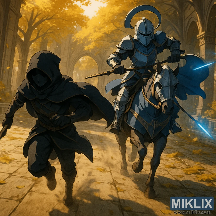 Сцена во аниме стил на која се гледа Лорета, витез од Халигтри, како го брка убиецот со Црн Нож низ златно осветлен двор под Халигтри. Сцена во аниме стил на која се гледа Лорета, витез од Халигтри, како го брка убиецот со Црн Нож низ златно осветлен двор под Халигтри.