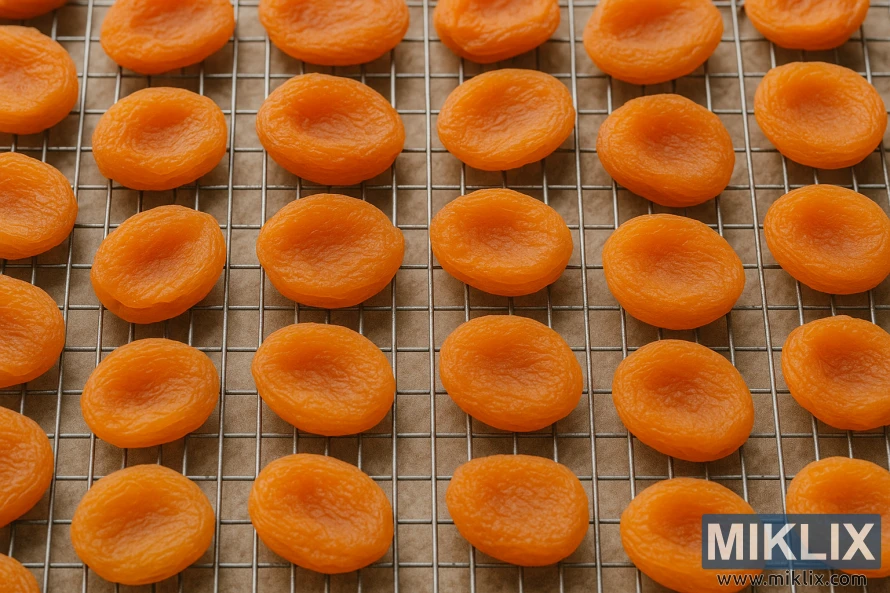 Des rangées de tranches d'abricots secs d'un orange éclatant, soigneusement disposées sur un séchoir en métal.