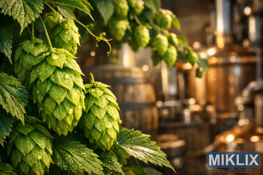 Close-up of dew-covered Hallertauer Taurus hop cones on a green vine, lit by warm sunlight, with a softly blurred rustic brewery and wooden barrel in the background.
