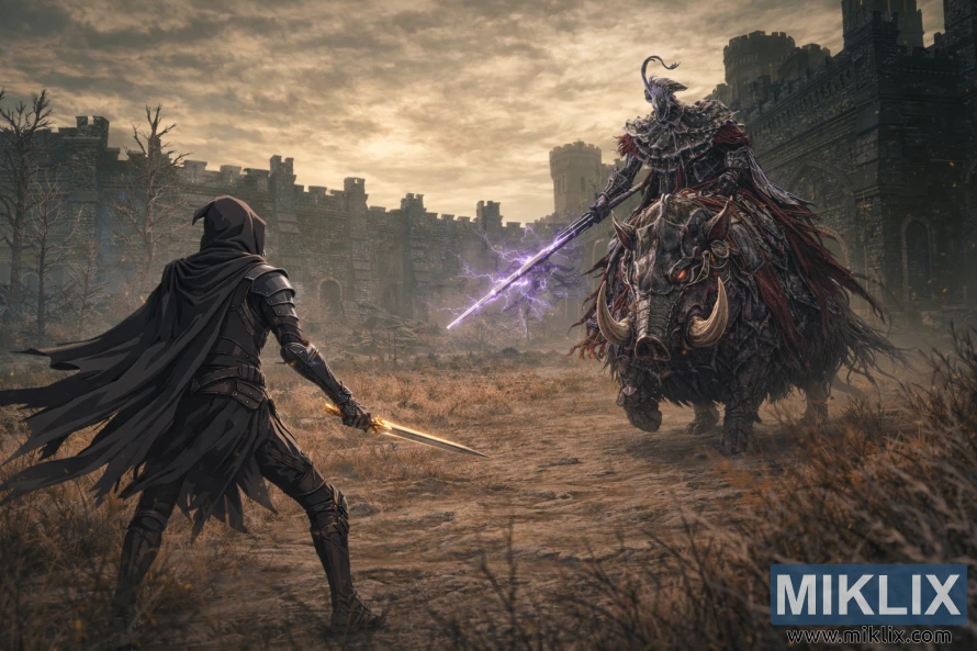 Wide anime-style scene of the Tarnished in Black Knife armor facing Commander Gaius mounted on an armored boar amid the ruined fortress of Scaduview before battle.