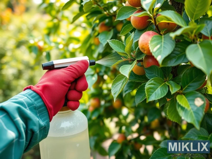 Человек в защитных перчатках опрыскивает фруктовое дерево с помощью ручного распылителя. Человек в защитных перчатках опрыскивает фруктовое дерево с помощью ручного распылителя.