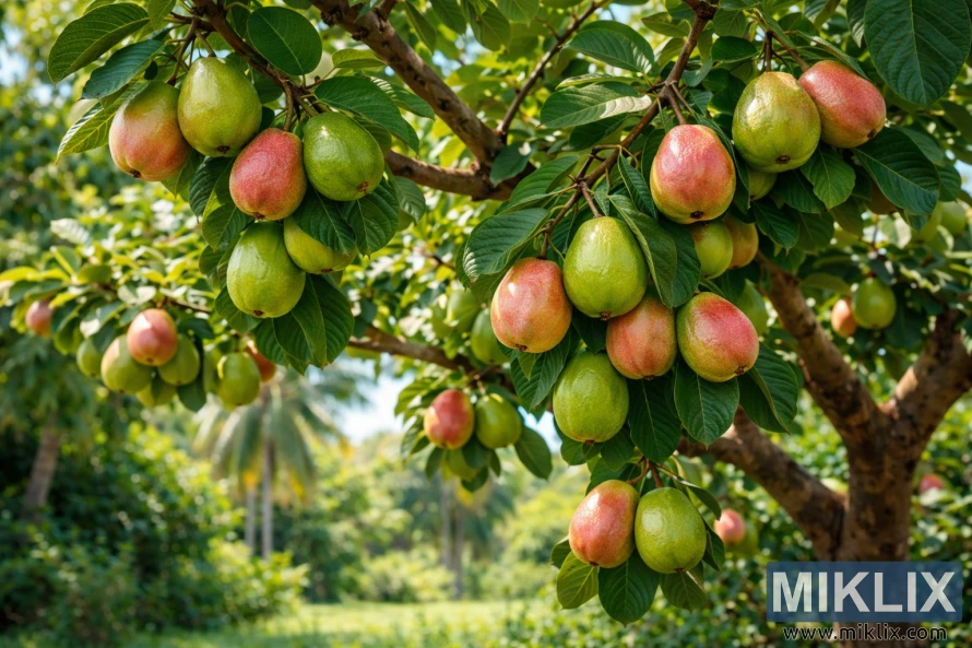 Tropical guava tree with clusters of whole ripe guava fruits hanging among lush green leaves in a sunlit orchard