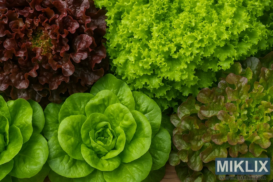 Close-up of four loose-leaf lettuce types showing varied colors and textures