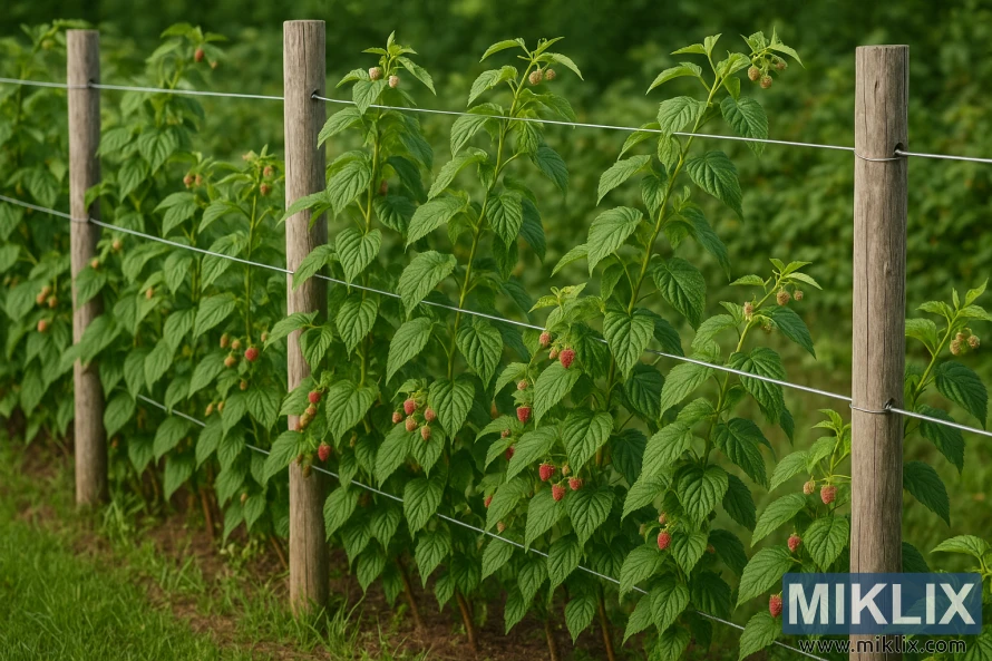 A raspberry trellis system with wooden posts and wires supporting green raspberry canes with ripening red berries in a farm field.