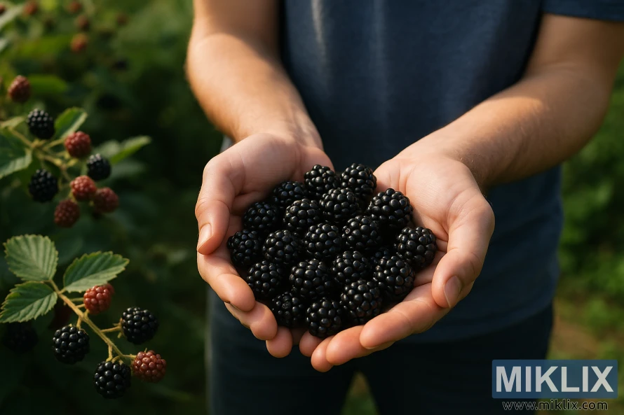 Rankos švelniai laiko šviežiai nuskintas gervuoges su žaliais lapais ir uogakrūmiais fone. Rankos švelniai laiko šviežiai nuskintas gervuoges su žaliais lapais ir uogakrūmiais fone.