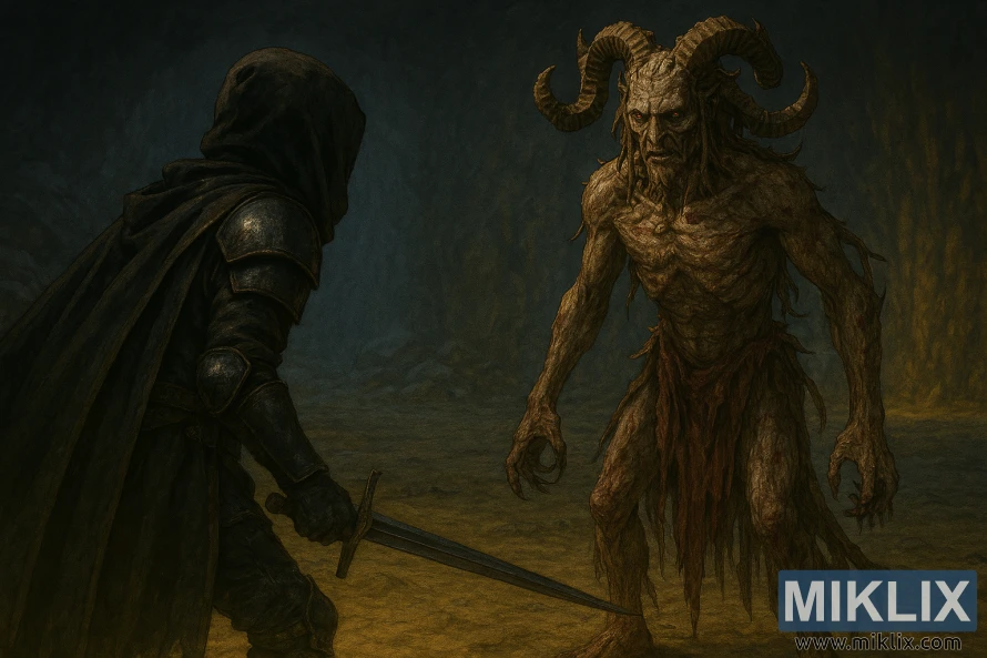 Mørk fantasi-illustrasjon av Tarnished in Black Knife-rustningen som møter den groteske Lamenter-sjefen i en hule.