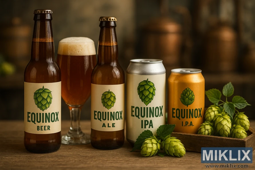 Equinox alus pudeles, bundžas un svaigi zaļi apiņu rogas uz koka galda. Equinox alus pudeles, bundžas un svaigi zaļi apiņu rogas uz koka galda.