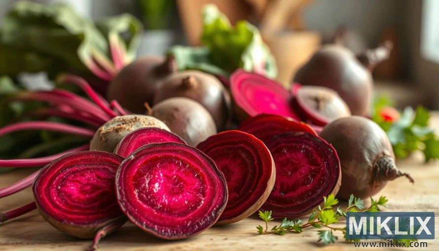 Cross-section of fresh beets with deep crimson hues, sliced and whole under warm light.