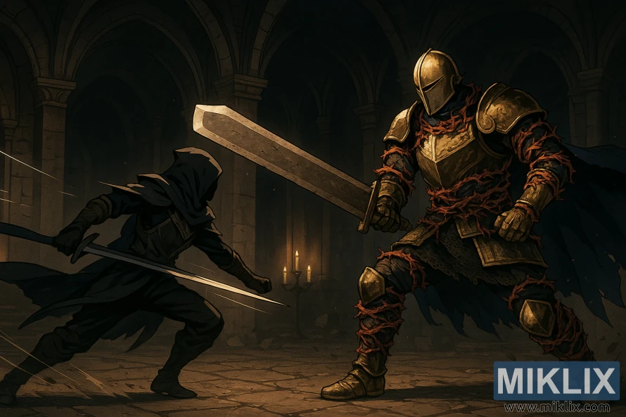 Anime-style illustration of the Tarnished in Black Knife armor fighting Elemer of the Briar wielding a broad, blunt greatsword inside the Shaded Castle.