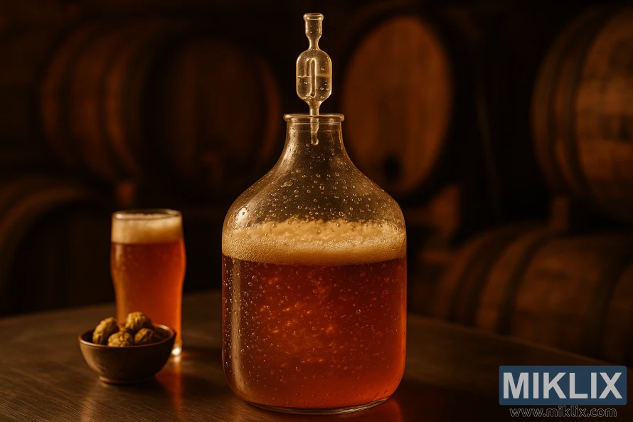 उबदार प्रकाशात अंबर बिअर आंबवत असलेला काचेचा कार्बॉय, फेसाळलेला डोके, एअरलॉक, हॉप्स आणि पिंट ग्लास.