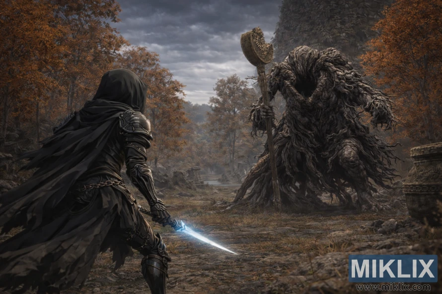 Fan-Art eines Spielers in Schwarzmesser-Rüstung, der in Südwest-Liurnia (Elden Ring) einem Erdtree-Avatar gegenübersteht. Fan-Art eines Spielers in Schwarzmesser-Rüstung, der in Südwest-Liurnia (Elden Ring) einem Erdtree-Avatar gegenübersteht.