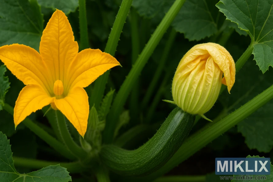 ਨਰ ਅਤੇ ਮਾਦਾ ਉਲਚੀਨੀ ਦੇ ਫੁੱਲਾਂ ਦਾ ਨਾਲ-ਨਾਲ ਕਲੋਜ਼-ਅੱਪ, ਇੱਕ ਪਤਲੇ ਤਣੇ 'ਤੇ ਨਰ ਫੁੱਲ ਅਤੇ ਇੱਕ ਛੋਟੇ ਉਲਚੀਨੀ ਦੇ ਫਲ ਨਾਲ ਜੁੜੇ ਮਾਦਾ ਫੁੱਲ ਨੂੰ ਦਰਸਾਉਂਦਾ ਹੈ। ਨਰ ਅਤੇ ਮਾਦਾ ਉਲਚੀਨੀ ਦੇ ਫੁੱਲਾਂ ਦਾ ਨਾਲ-ਨਾਲ ਕਲੋਜ਼-ਅੱਪ, ਇੱਕ ਪਤਲੇ ਤਣੇ 'ਤੇ ਨਰ ਫੁੱਲ ਅਤੇ ਇੱਕ ਛੋਟੇ ਉਲਚੀਨੀ ਦੇ ਫਲ ਨਾਲ ਜੁੜੇ ਮਾਦਾ ਫੁੱਲ ਨੂੰ ਦਰਸਾਉਂਦਾ ਹੈ।