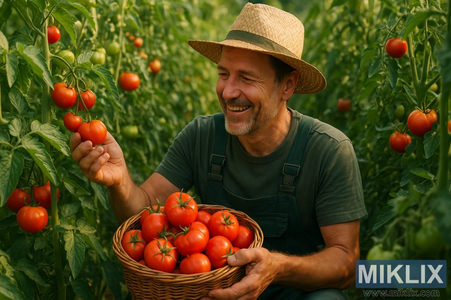 Jardineiro sorrindo enquanto colhe tomates maduros de plantas verdes e saudáveis. Jardineiro sorrindo enquanto colhe tomates maduros de plantas verdes e saudáveis.