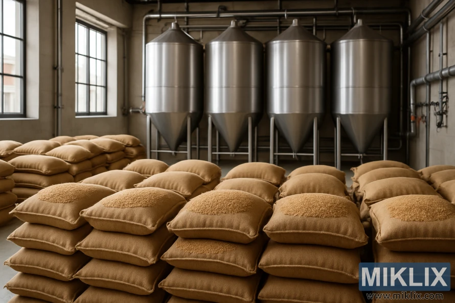 Godt opplyst hvetelager med jutesekker og metallsiloer i et organisert anlegg. Godt opplyst hvetelager med jutesekker og metallsiloer i et organisert anlegg.