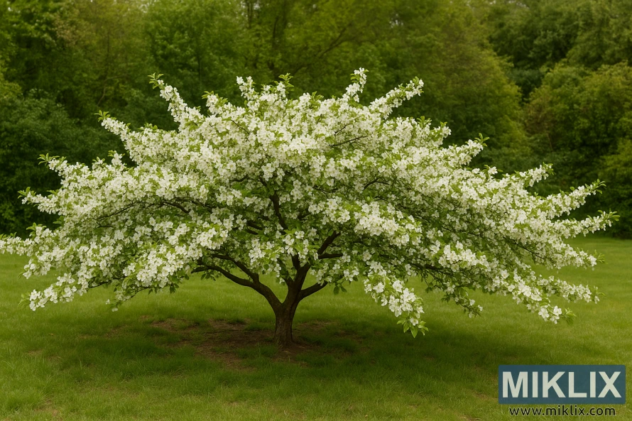 A Sargent crabapple tree with a wide, horizontal branching form covered in white blossoms, standing in a green garden setting. A Sargent crabapple tree with a wide, horizontal branching form covered in white blossoms, standing in a green garden setting.