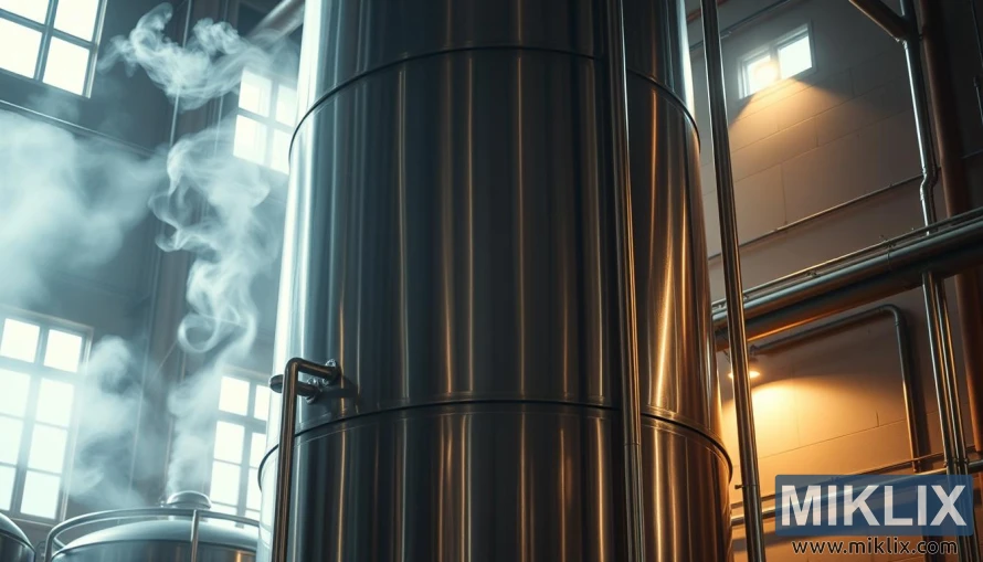 Recipiente di fermentazione ad alta gravità con vapore che sale in un birrificio industriale poco illuminato.