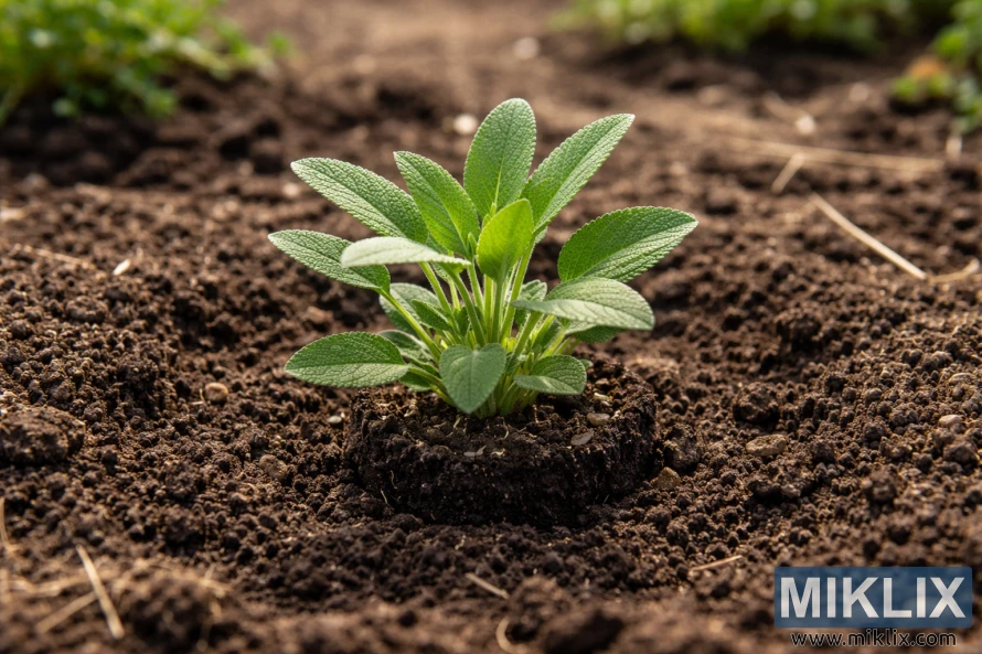 剛移植的鼠尾草,葉子呈綠色,質地柔軟,生長在陰暗潮濕的花園土壤中,沐浴著自然光。 剛移植的鼠尾草,葉子呈綠色,質地柔軟,生長在陰暗潮濕的花園土壤中,沐浴著自然光。