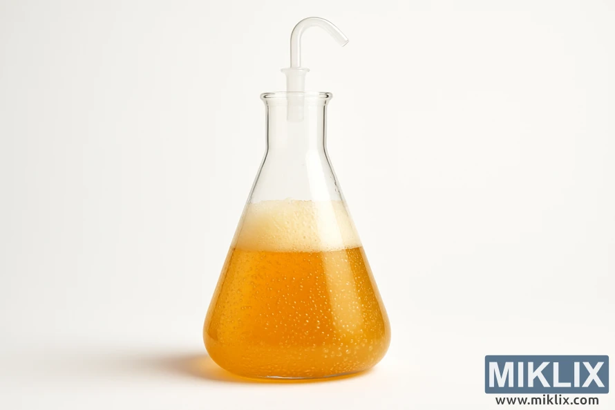 Wurin lantarki Erlenmeyer flask cike da zinari, ruwa mai bubbuga da farar bango, mai haske da haske mai laushi don haskaka fermentation.