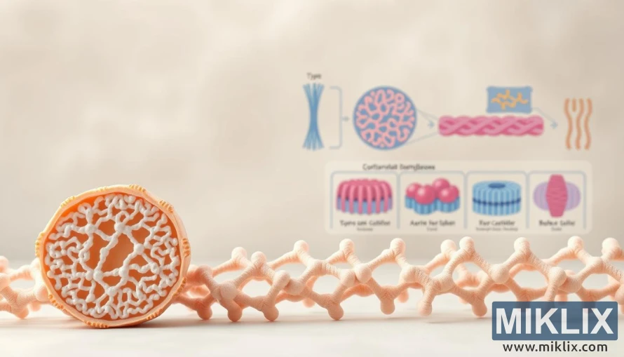 Nákvæm mynd af kollageni af gerð IV sem sýnir uppbyggingu og virkni í mannslíkamanum. Nákvæm mynd af kollageni af gerð IV sem sýnir uppbyggingu og virkni í mannslíkamanum.