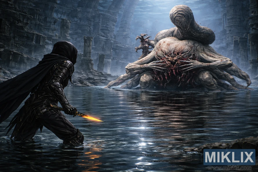 Anime-style fan art showing the Tarnished from behind, knee-deep in shallow water, facing the massive and close Metyr, Mother of Fingers, in the flooded Finger Ruins of Miyr. Anime-style fan art showing the Tarnished from behind, knee-deep in shallow water, facing the massive and close Metyr, Mother of Fingers, in the flooded Finger Ruins of Miyr.