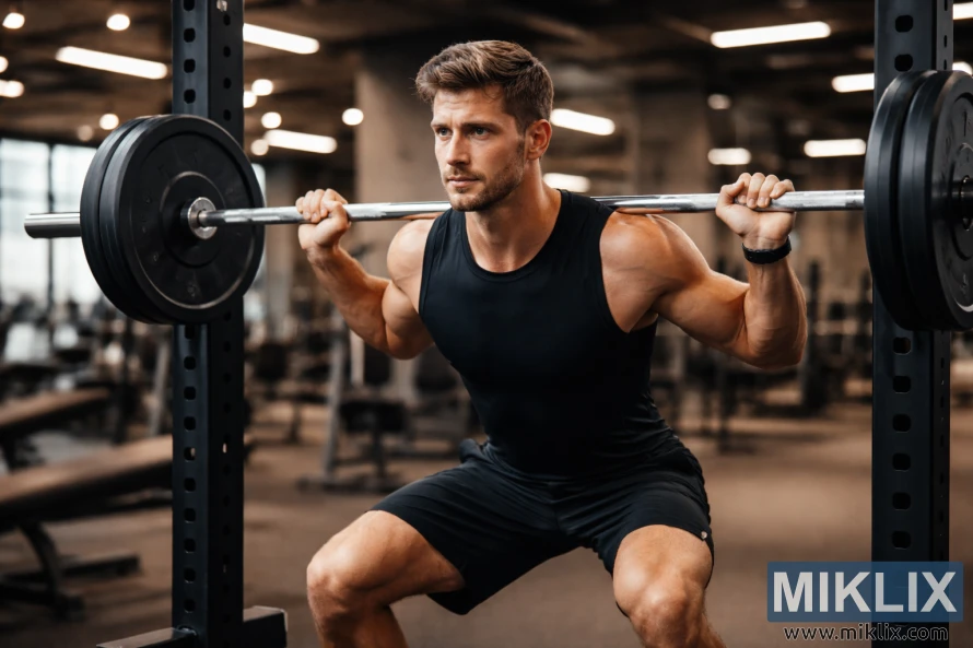 A muscular man in black workout gear performs a barbell back squat in a bright, modern gym with blurred equipment in the background.