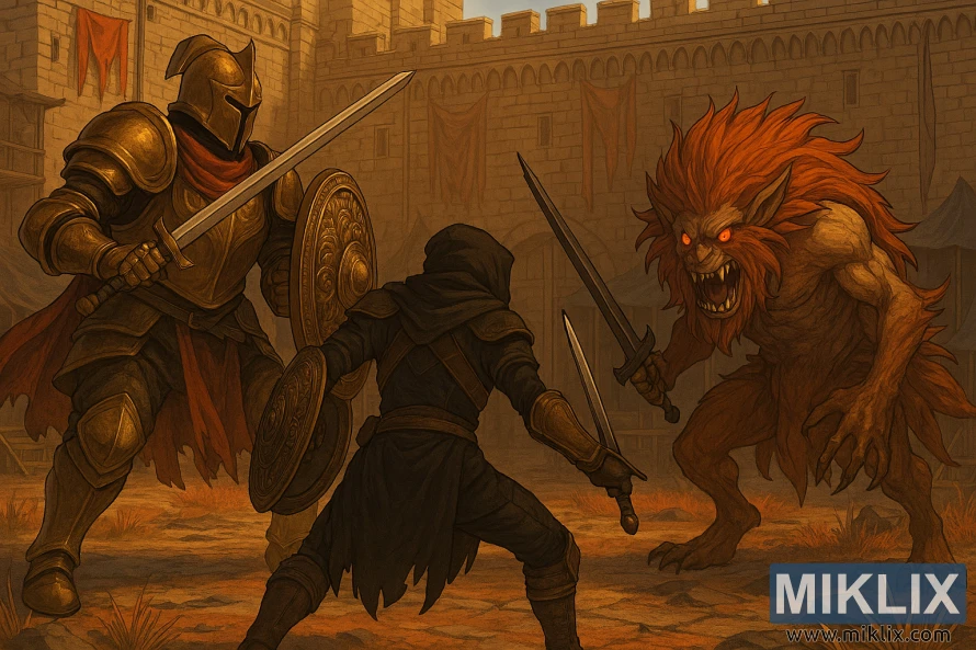 Аниме фан арт који приказује Потамњелог који се бори против Крусибл Витеза и Незаконитог Ратника у замку Редмејн