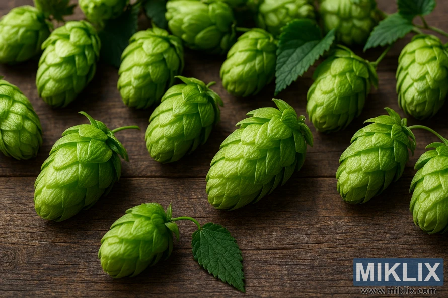 Krupni plan svježih češera hmelja Zenith na rustikalnom drvenom stolu