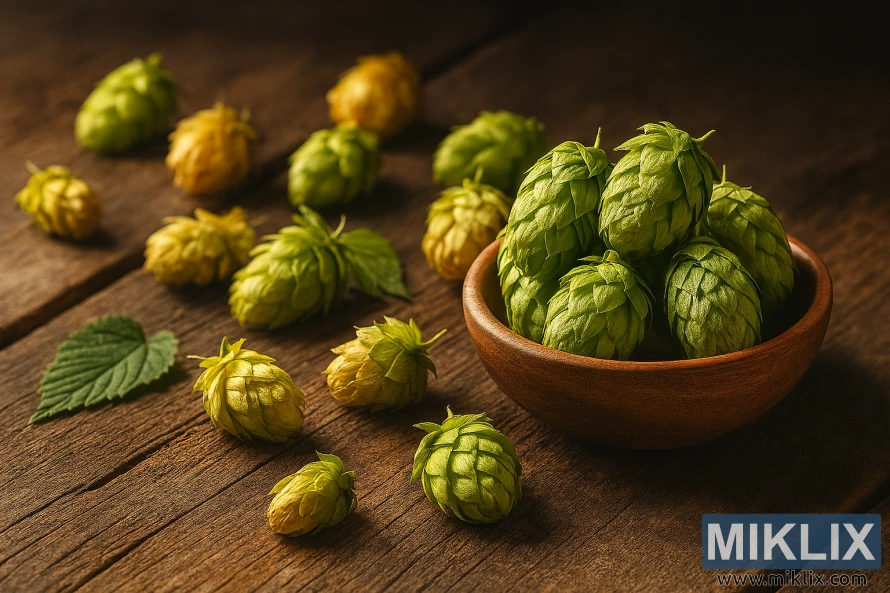 Деревянная чаша со свежими зелеными шишками хмеля сорта Sovereign на обветренном столе с разбросанными цветками хмеля в теплом естественном свете. Деревянная чаша со свежими зелеными шишками хмеля сорта Sovereign на обветренном столе с разбросанными цветками хмеля в теплом естественном свете.