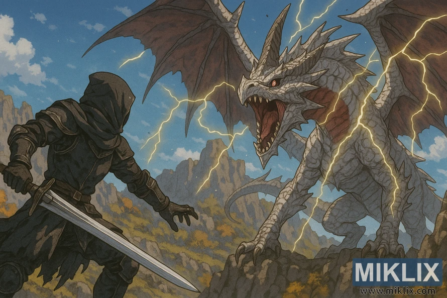 Anime-style scene of the Tarnished in Black Knife armor wielding a sword against Ancient Dragon Lansseax in Altus Plateau.